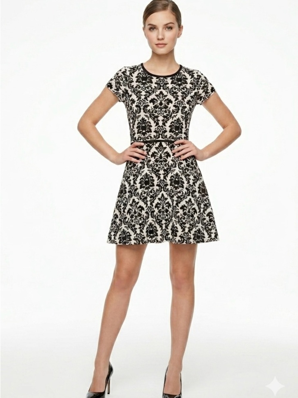 CeCe Damask Knit  Mini Knit Dress Size M Black White Chic Coquette Scandinavian